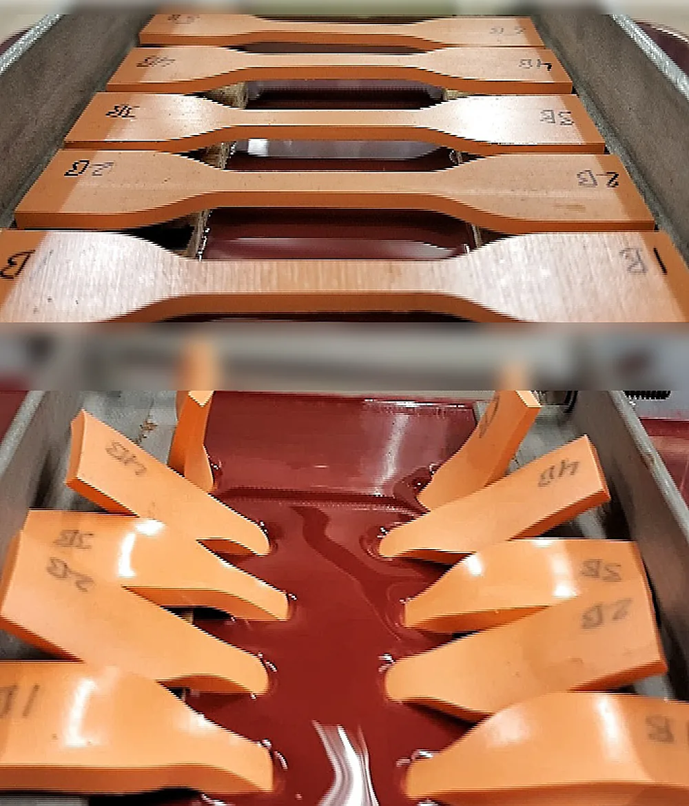 CPVC fire sprinkler tensile bars stand straight at start (top), then go limp and collapse into a tray of solvent cement after 24 hours of cement-vapor exposure (bottom).