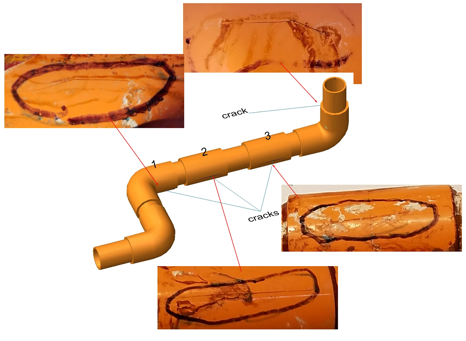 Cracks at multiple CPVC fire sprinkler pipe fittings mapped on the assembly with close-ups
