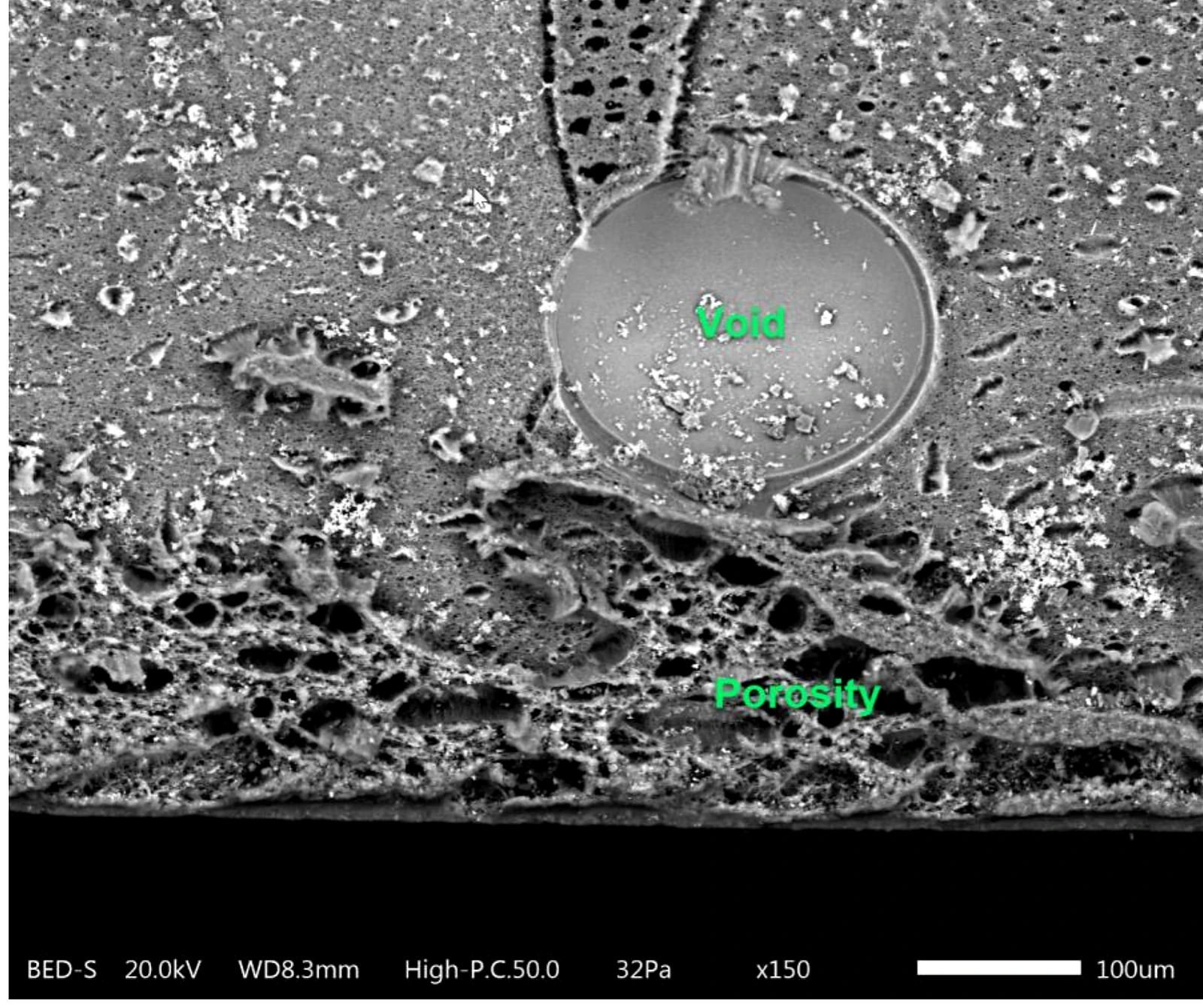 SEM image of a void and porous region near the inside wall of a CPVC fire sprinkler pipe