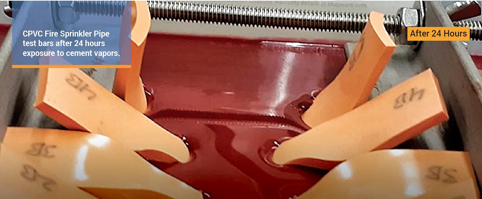 CPVC test bars collapsing after solvent-cement vapor exposure, showing chemical incompatibility