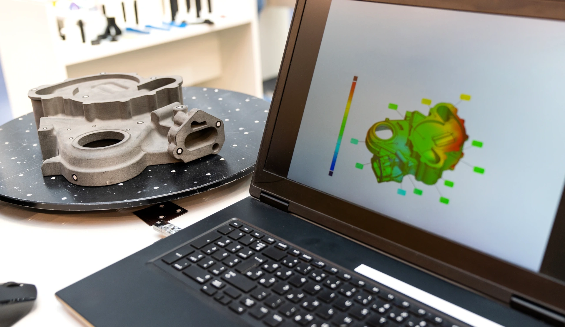 3D scanner capturing industrial part geometry with FEA color map on laptop in engineering laboratory