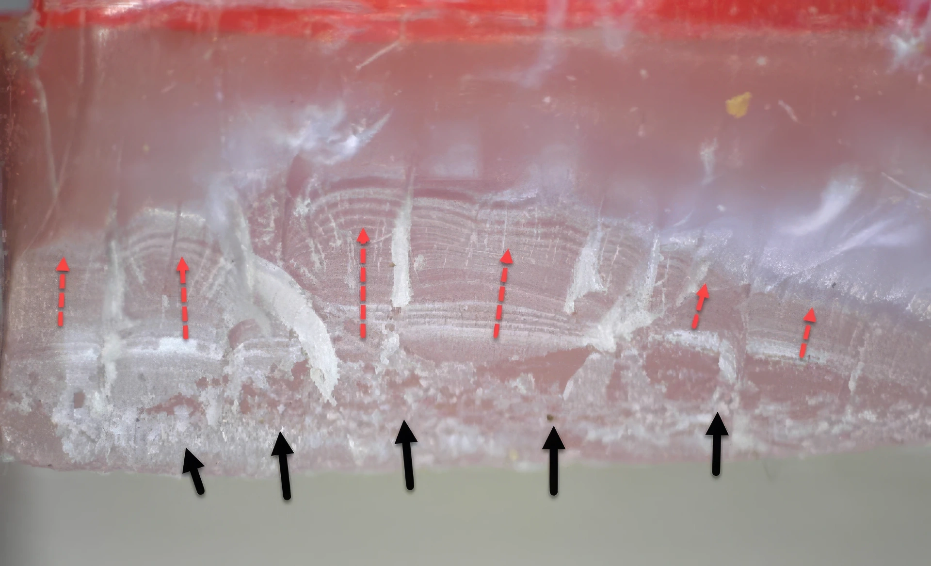 PEX pipe inside-wall oxidative degradation with stepwise crack growth