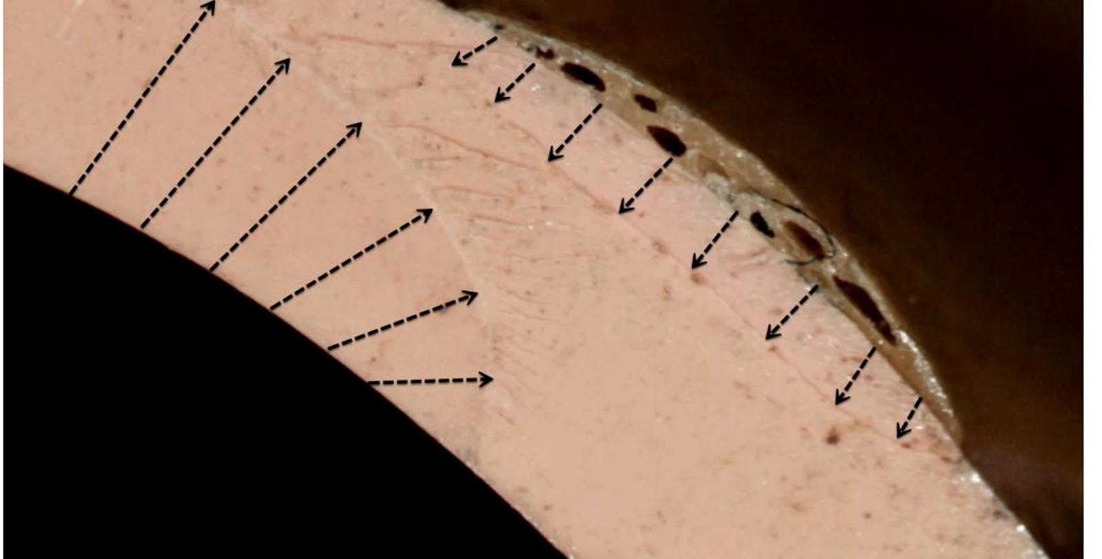 Plastic pipe brittle fracture surface showing environmental stress cracking thumbnail patterns
