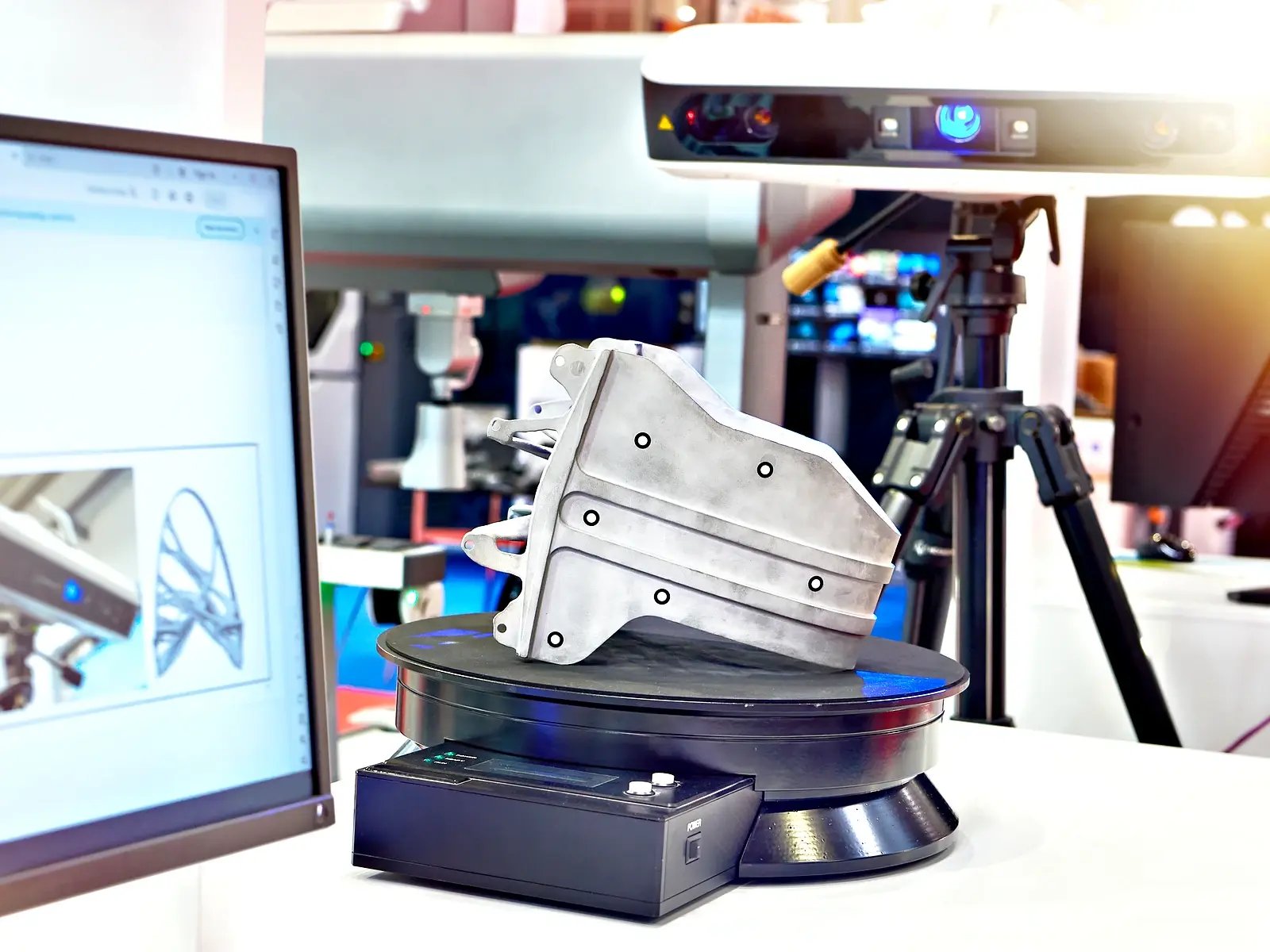 Industrial 3D scanner capturing part geometry on turntable with CAD model on monitor for reverse engineering analysis