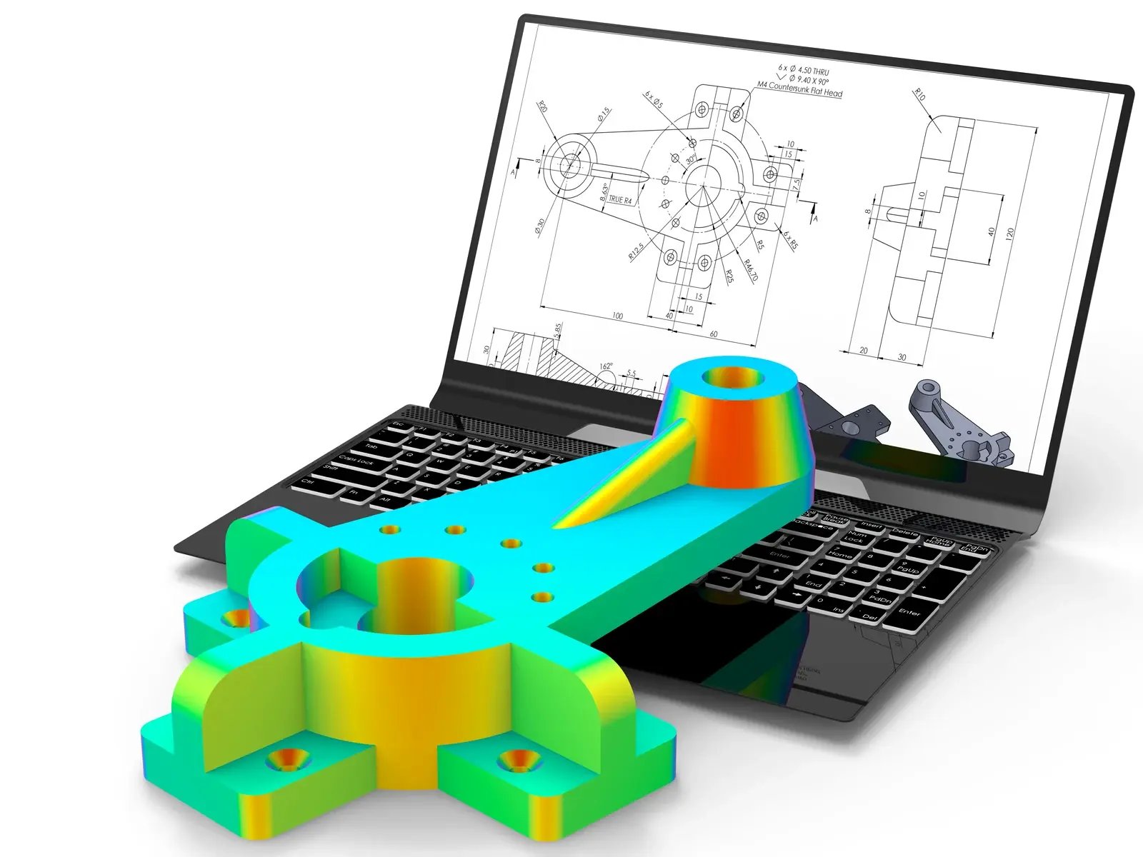 FEA stress simulation 3D model with engineering blueprint on laptop for plastic part design optimization