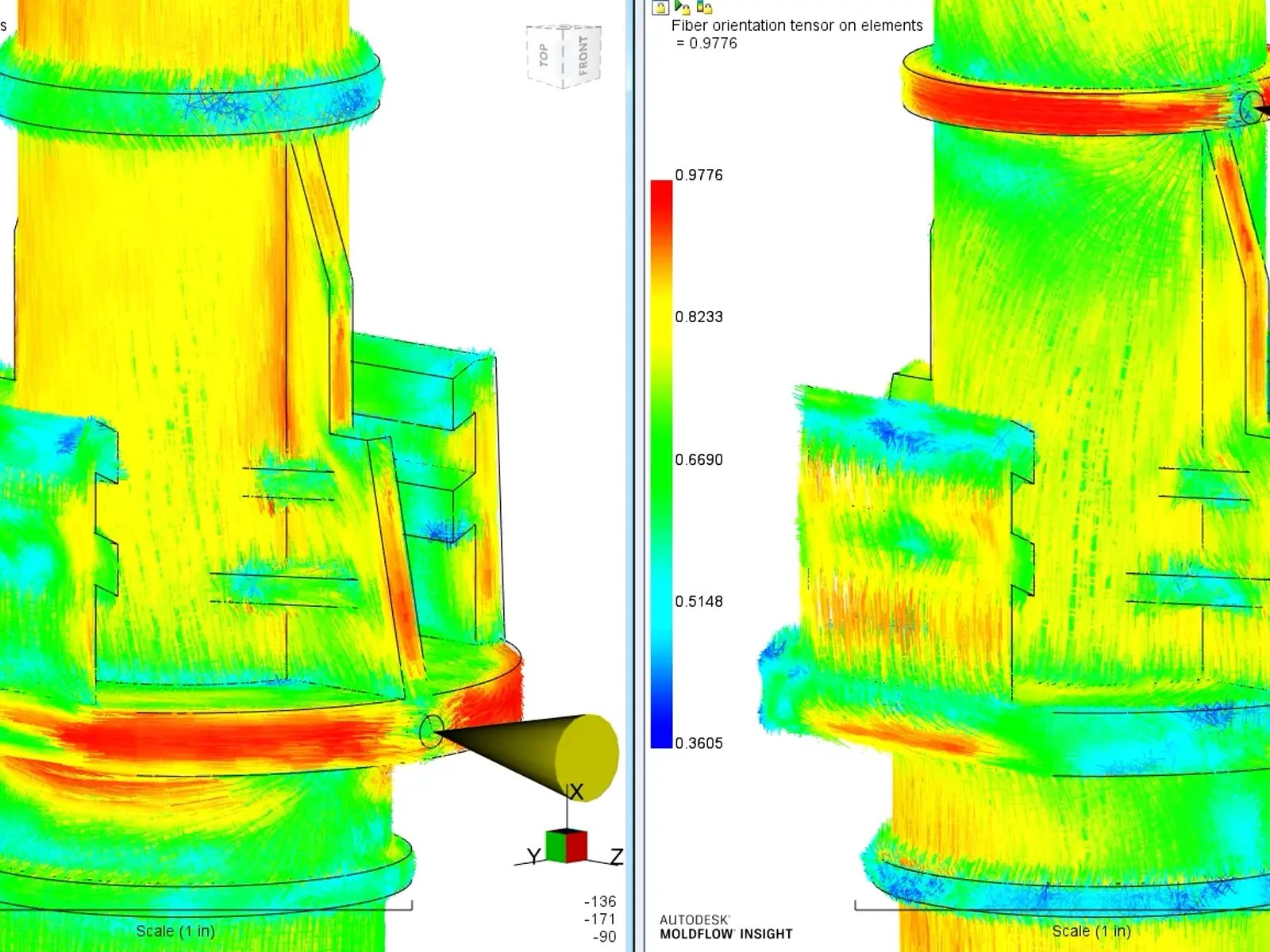 Autodesk Moldflow fiber orientation analysis comparing gate locations on glass-fiber reinforced plastic valve