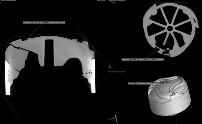 Multi-view CT scan showing nondestructive detection of hidden cracks and defects in failed plastic part