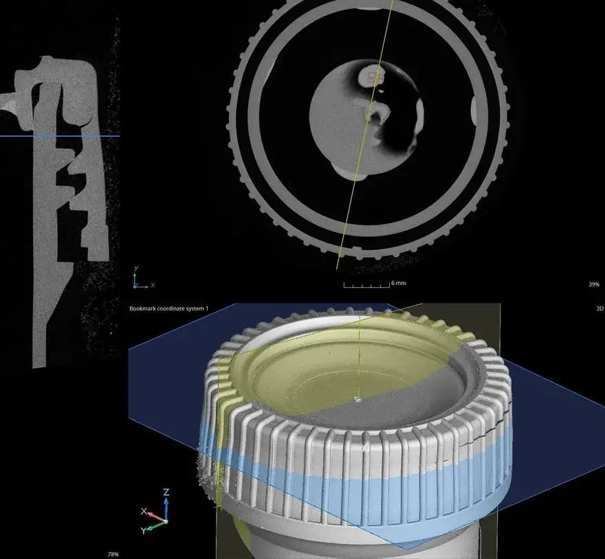CT scan cross-section of cracked plastic cap revealing internal defects in consumer product liability case
