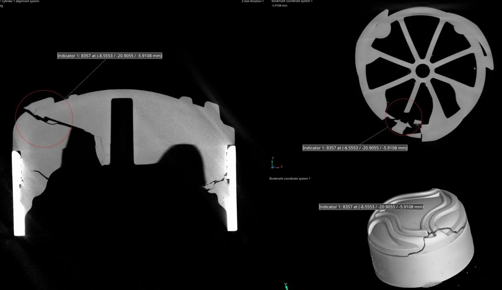 CT scan multi-view analysis showing cross-section, top-down slice, and 3D reconstruction of cracked plastic part with defect indicators