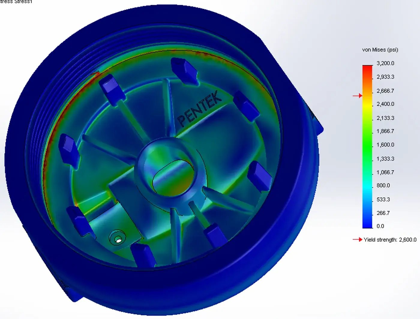 FEA von Mises stress analysis heat map on industrial component for product liability investigation