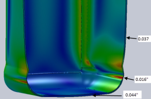 Finite element analysis contour plot of a blow molded bottle, with callouts marking wall thicknesses of 0.037, 0.016 and 0.044 inches