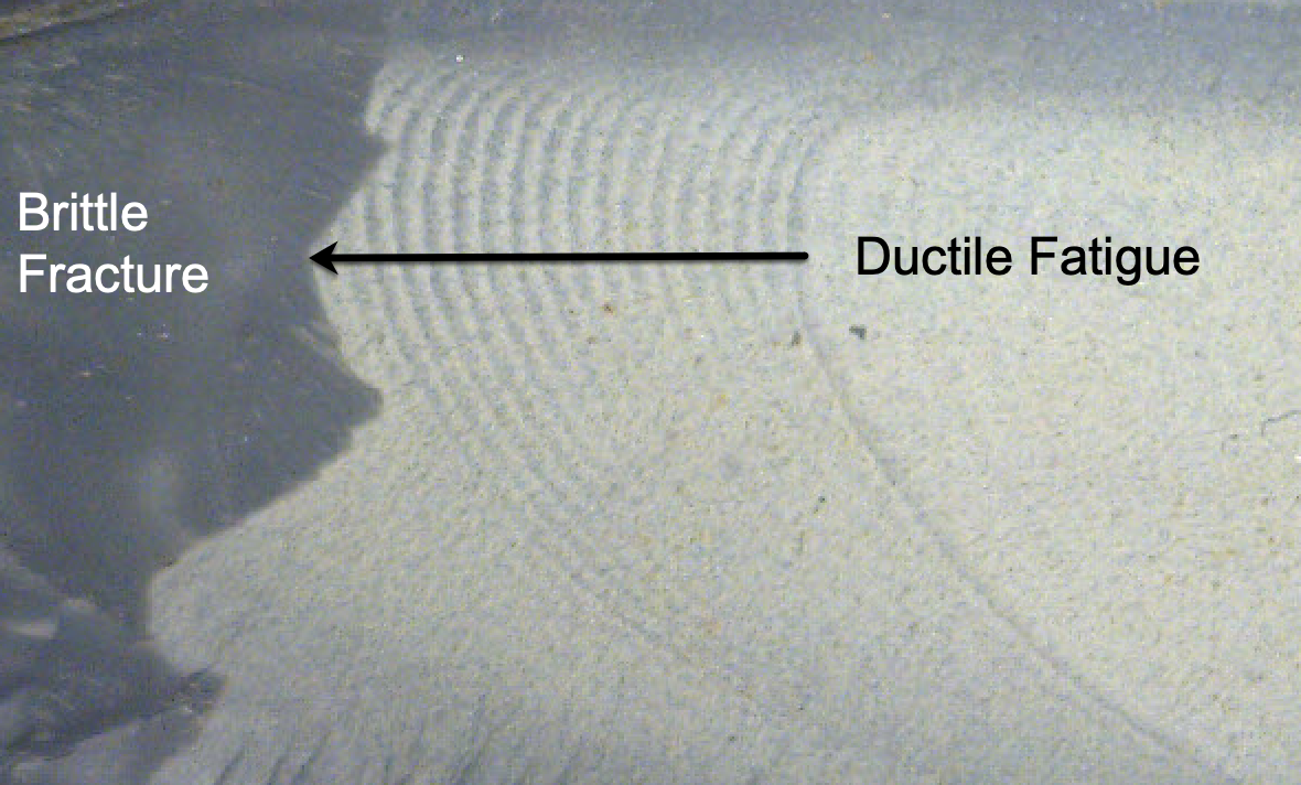 Microscope fractograph of a plastic fracture surface, with the parallel fatigue striations labelled Ductile Fatigue and the darker final-failure zone labelled Brittle Fracture