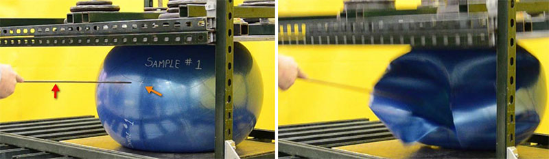 Two frames from a laboratory burst test showing a blue exercise ball on a yellow test rig being punctured with a probe, then collapsed