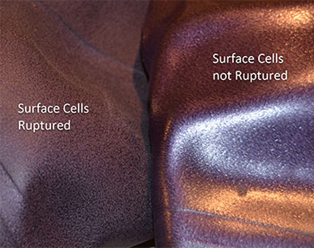 Side-by-side comparison of two exercise ball surfaces, labelled Surface Cells Ruptured on the left and Surface Cells not Ruptured on the right