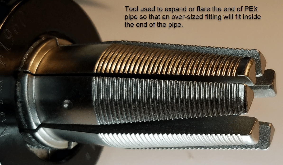 Close-up of a PEX expansion tool's three stepped mandrel heads, captioned as the tool used to expand or flare the end of PEX pipe so that an over-sized fitting will fit inside it