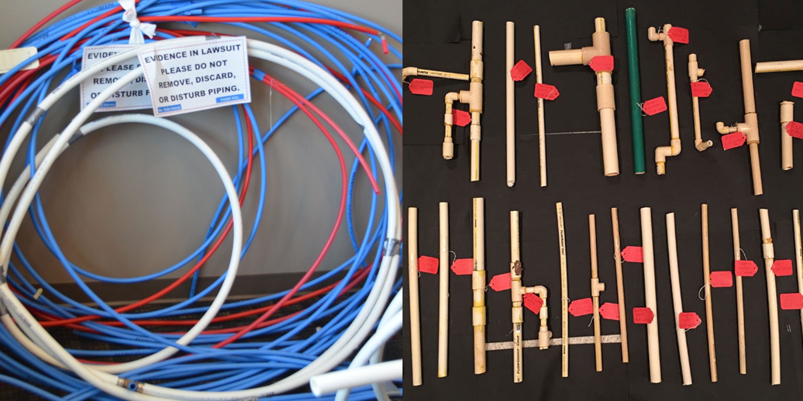 Coils of PEX tubing in blue, red and white beside an array of CPVC pipe and fitting assemblies laid out on a dark board