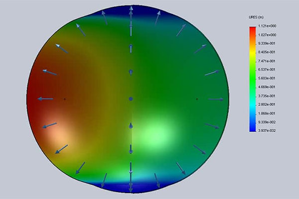 Computer model of a spherical exercise ball, colour mapped against a legend scale showing stress distribution