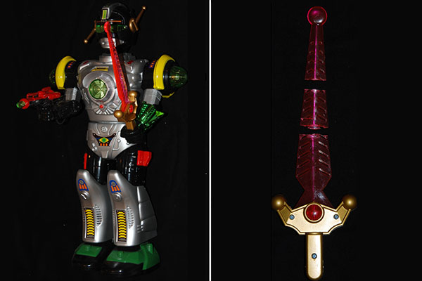 Two panels showing a moulded plastic toy figure and a toy sword photographed against a dark background