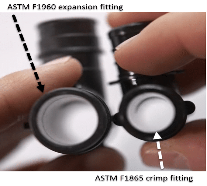 Two black plastic PEX fittings held side by side, labelled ASTM F1960 expansion fitting and ASTM F1865 crimp fitting