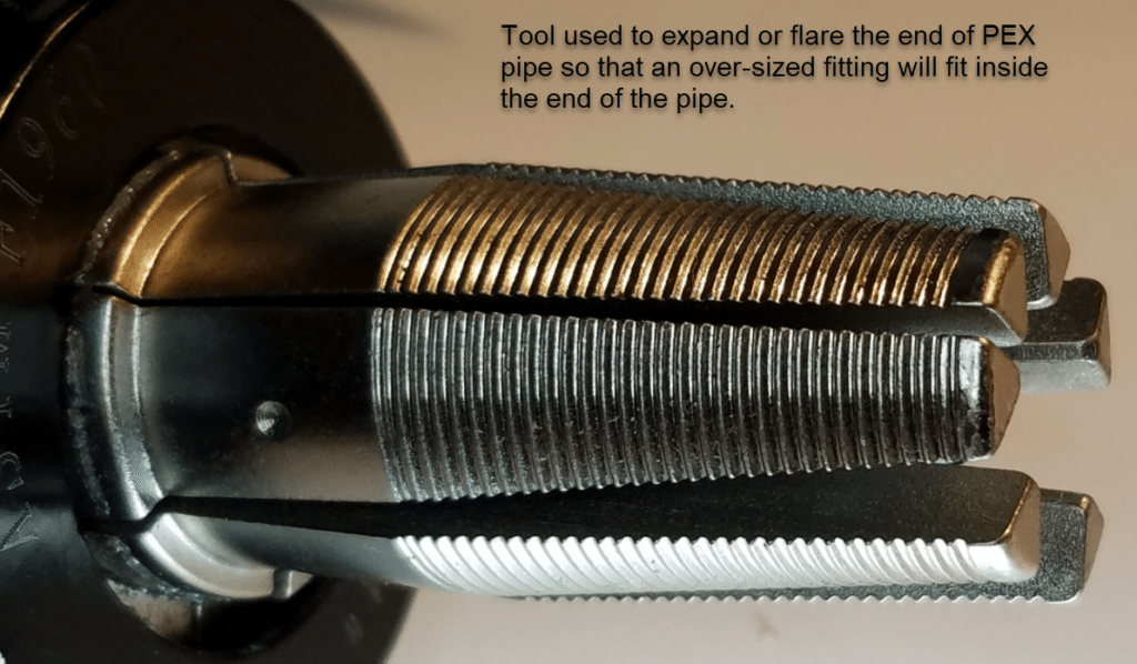 Close-up of a PEX expansion tool's stepped mandrel heads, captioned as the tool used to expand or flare the end of PEX pipe so that an over-sized fitting will fit inside it