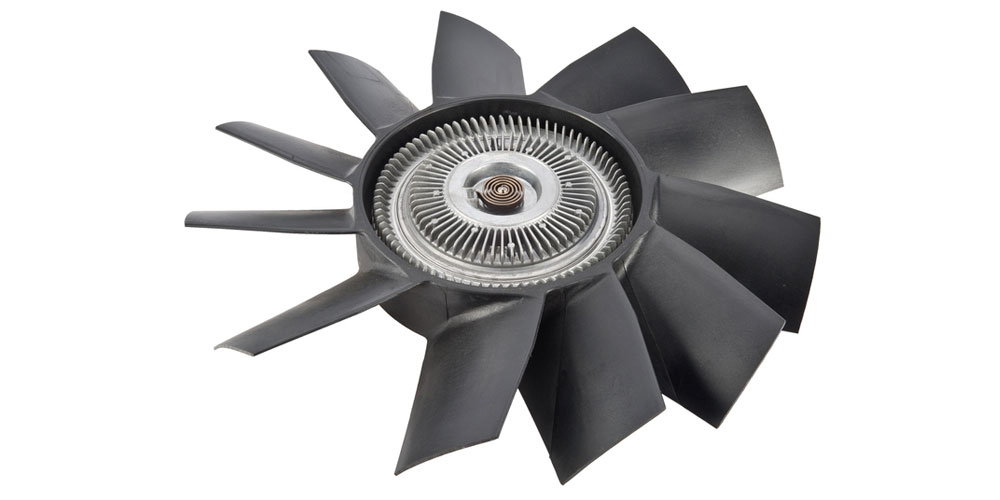 A black moulded plastic engine cooling fan with a metal clutch hub, photographed against a white background