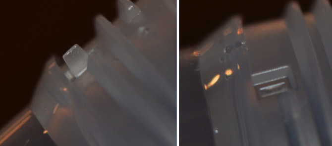 Two macro photographs of the bottle neck, the left showing the small locating tab in place and the right showing the void where it has broken away