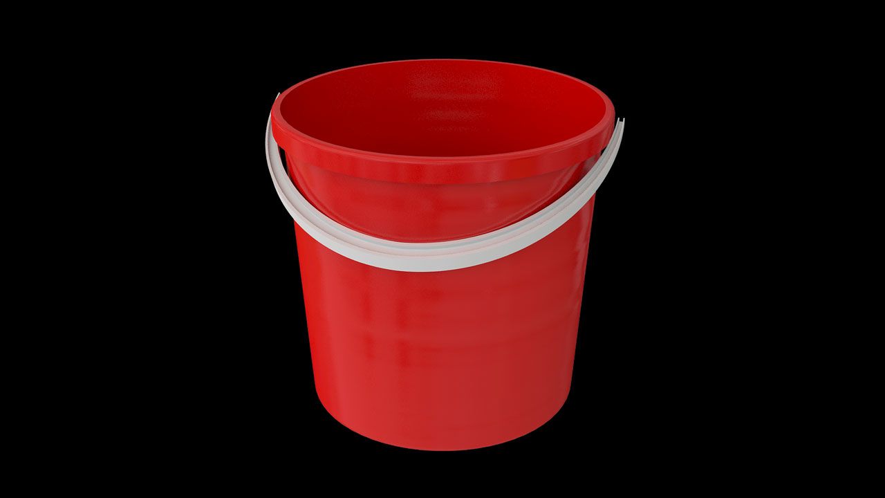 A three-dimensional rendering of a red plastic pail with a metal handle, against a black background
