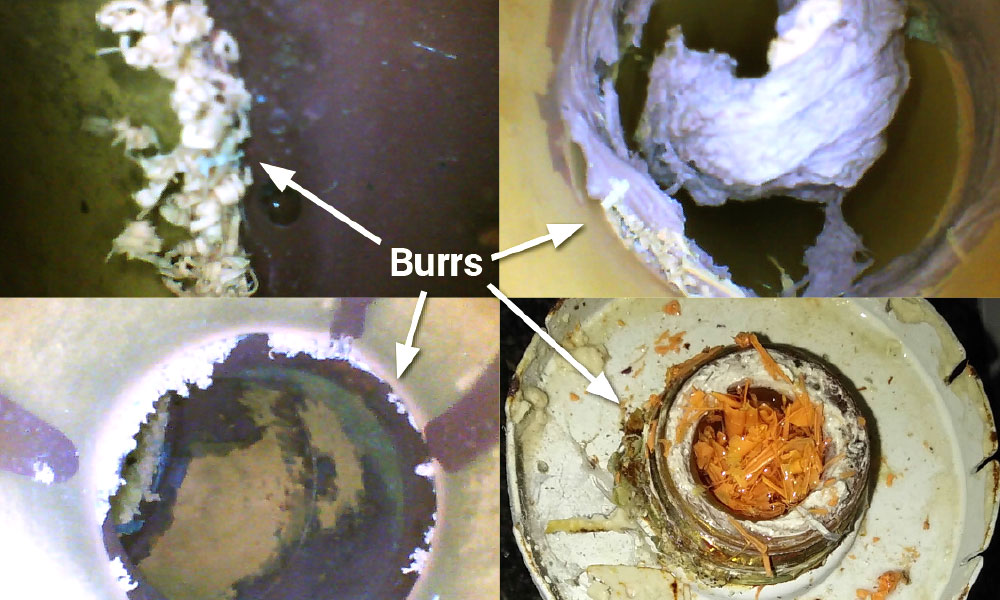 Failure to remove burrs from ends of pipes cause sprinkler heads to plug